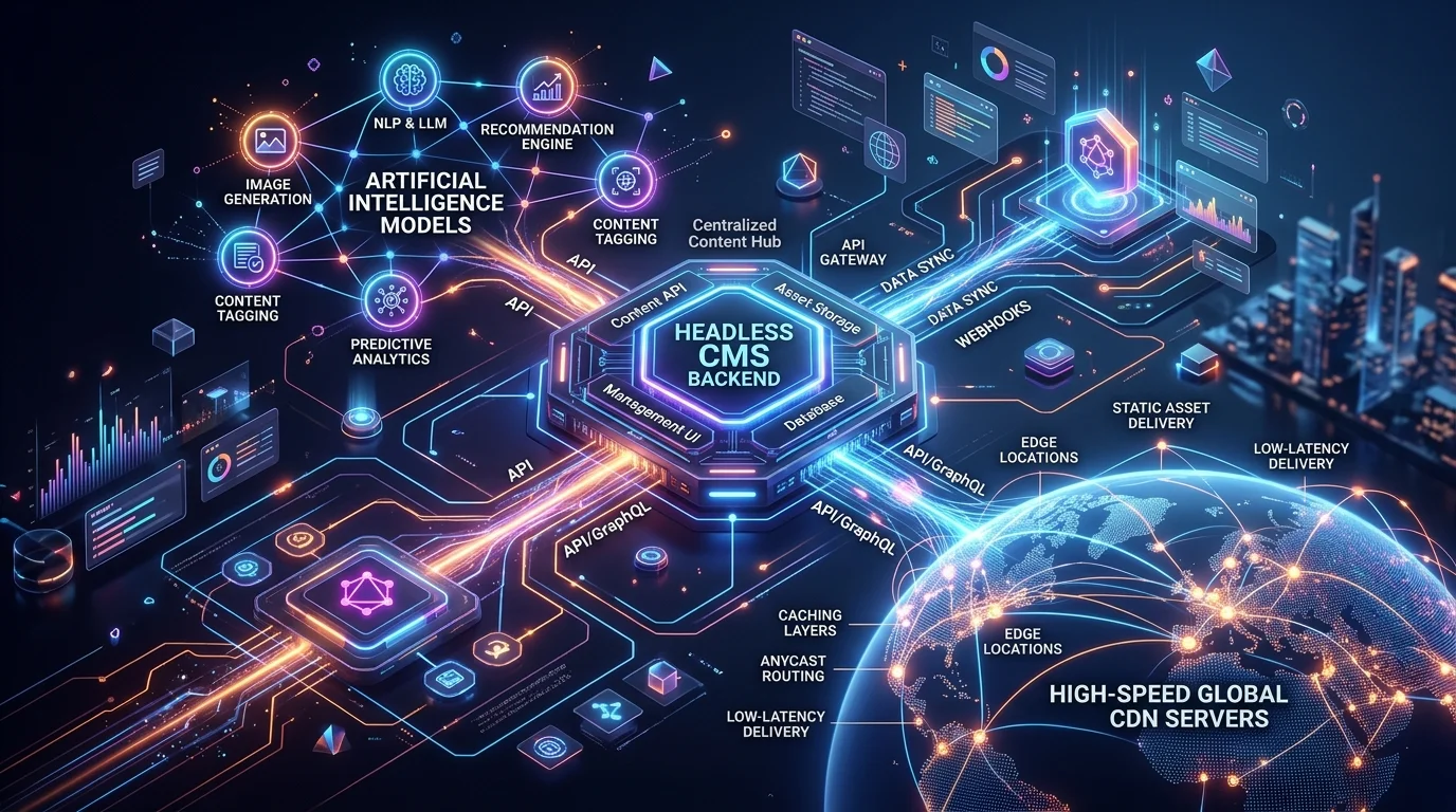 Arquitectura desacoplada conectando un CMS Headless con servicios de IA y servidores CDN de alta velocidad