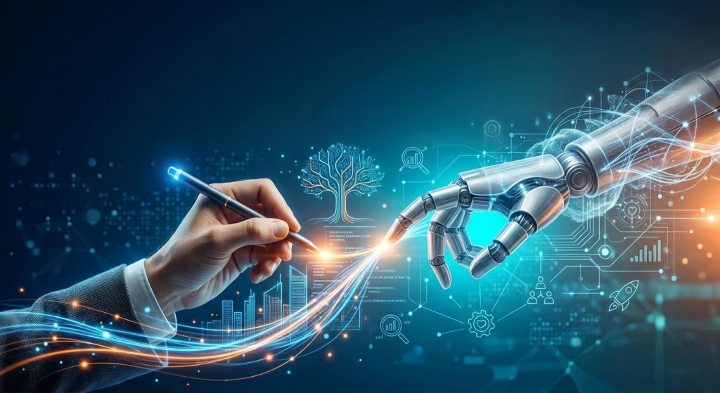 Diagrama futurista de inteligencia artificial interactuando con conceptos de código, estrategia y optimización digital.
