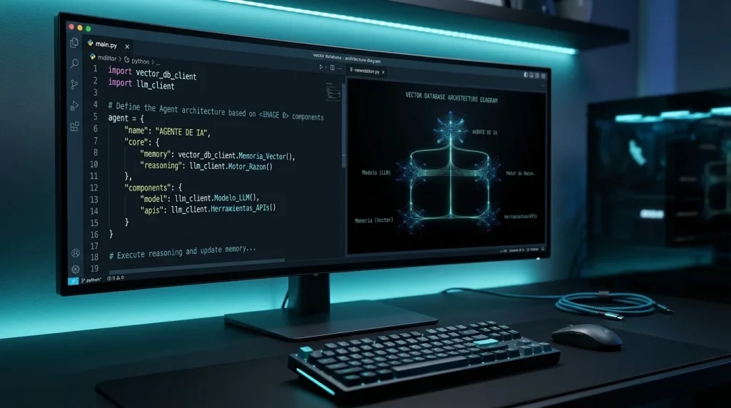 Pantalla de desarrollo web mostrando código y arquitectura de agentes de inteligencia artificial autónomos
