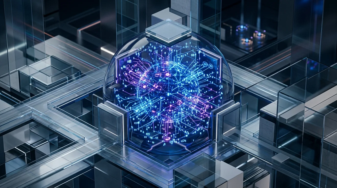 Representación conceptual del modelo de IA Jev mostrando nodos digitales de toma de decisiones rápidas en un entorno futurista