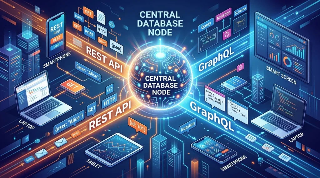Un repositorio central de contenidos distribuyendo datos a múltiples dispositivos mediante APIs REST y GraphQL