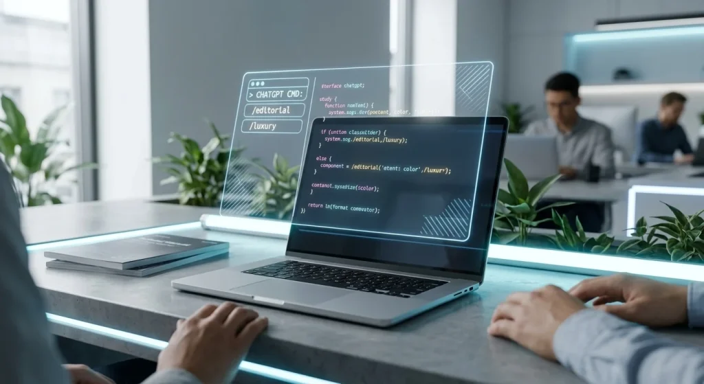 Comandos secretos de ChatGPT representados de forma futurista en la pantalla de una portátil