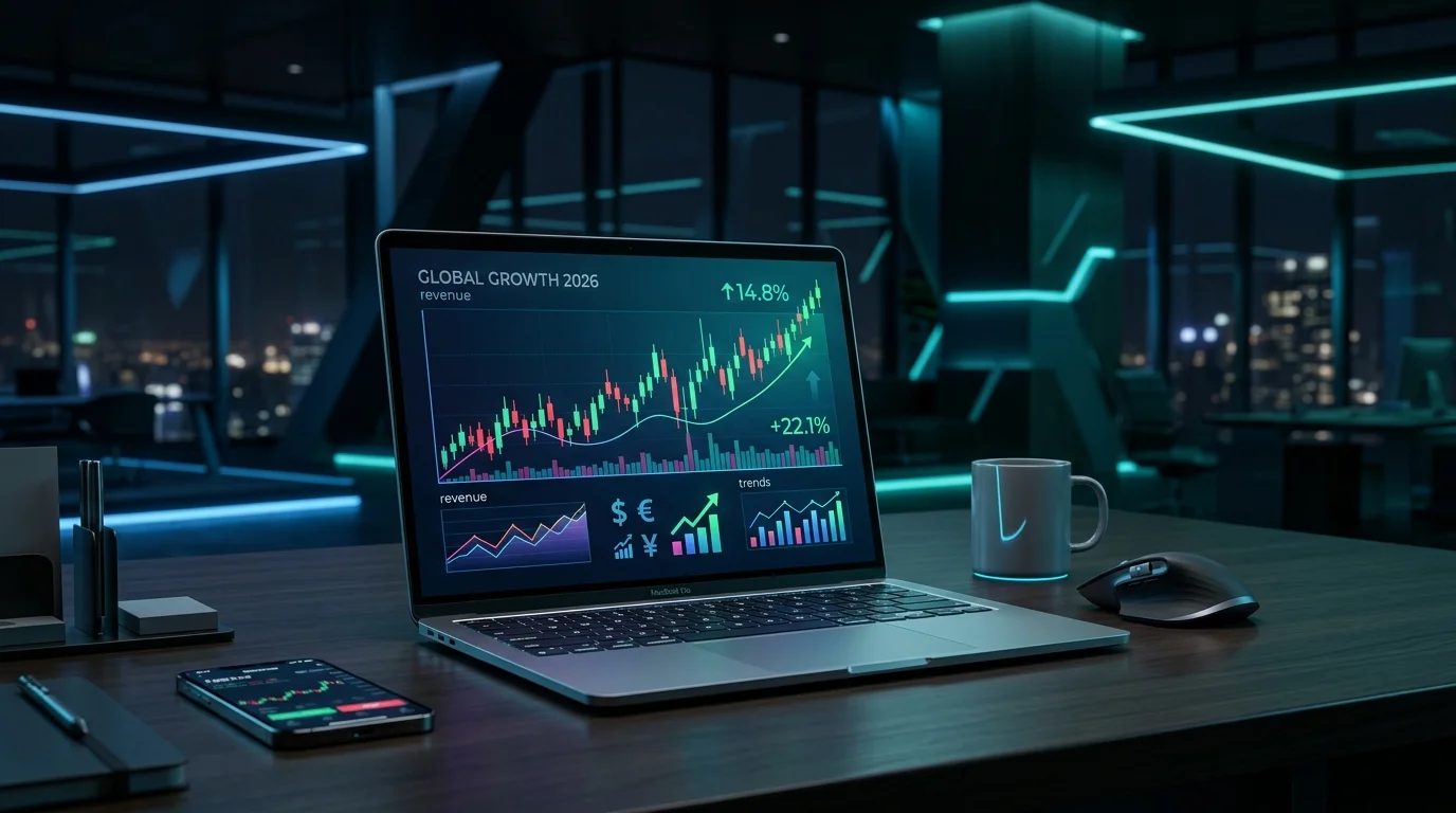 Espacio de trabajo moderno con laptop mostrando gráficos de ingresos digitales sin inversión
