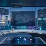 Google Antigravity representación 3D de una interfaz flotante en cero gravedad con elementos digitales y luz de neón