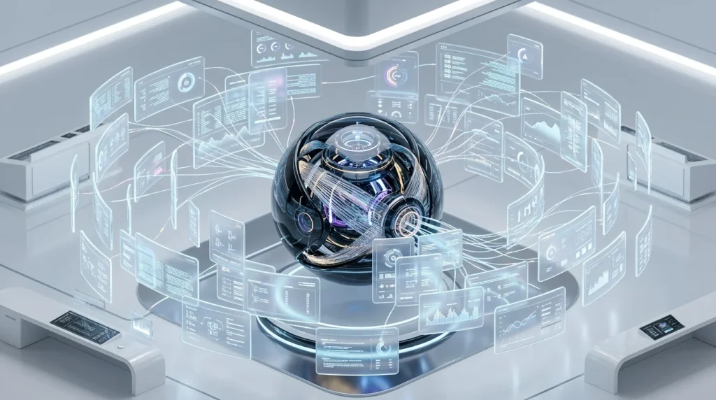 Inteligencia Artificial organizando datos en una interfaz flotante de física interactiva