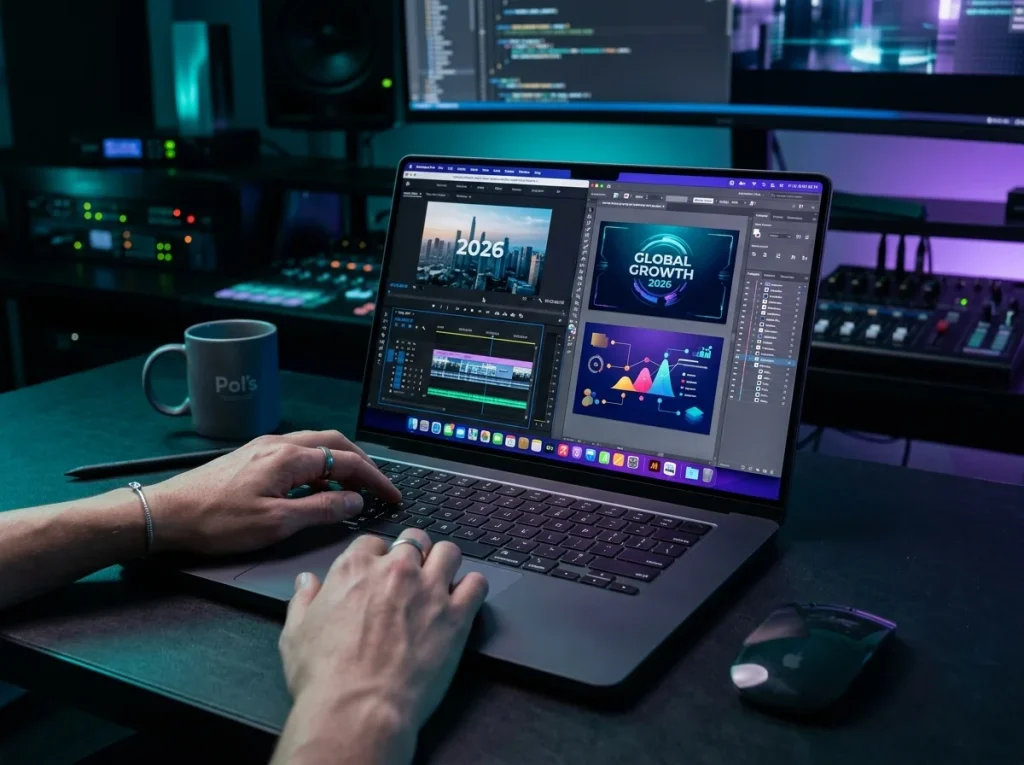 Persona editando contenido audiovisual y diseños digitales desde su computadora