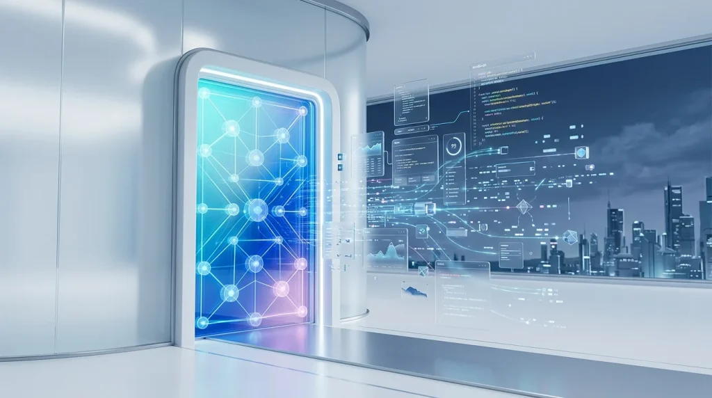 Portal futurista que simboliza el futuro del desarrollo web y las interfaces interactivas con Google Antigravity